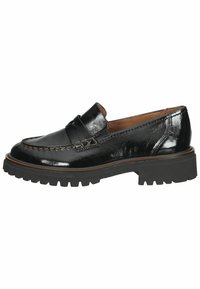 Black patent leather loafers featuring a low-profile block heel and rugged outsole. Stitching accents along the upper enhance the design.