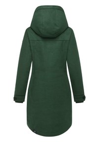 Groene wollen mix jas met kap, lange mouwen en een rechte snit. Bevat knopenmanchetten en een klein logo op de zoom.