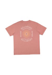 Pink cotton t-shirt featuring a circular sun graphic in yellow and white on the back, with "Billabong" and "Since 1973" text.