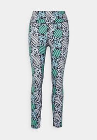 Leggings aderenti con un motivo floreale e geometrico nei colori nero, teal e azzurro chiaro, con strisce a contrasto e una vita alta.