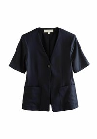 Marineblå linned blazer med korte ærmer, v-hals, enkelt knaplukning, to frontlommer og en struktureret pasform. Glat overflade.