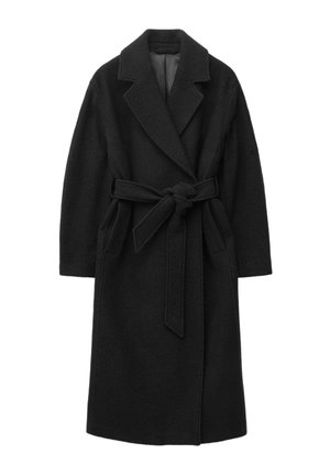 Black wool belted coat with a lapel collar, long sleeves, and a knee-length silhouette. Features a textured fabric and tied waist detail.
