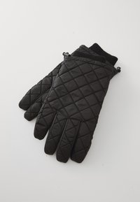 Fekete steppelt kesztyűk puha textil külsővel, szoros kötött mandzsettával és enyhe ráncolással a csuklón a biztos illeszkedés érdekében.