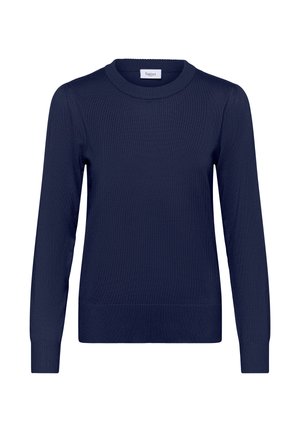 Marineblauwe gebreide trui met lange mouwen, ronde halslijn en geribbelde boorden aan mouwen en zoom. Gladde textuur, eenvoudig ontwerp.