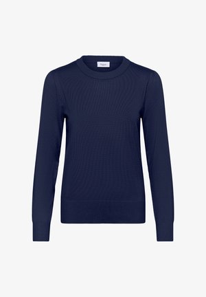 Meresinine kootud kampsun pikkade varrukate, ümara kaeluse ning soonikkoes mansettide ja äärega. Sile tekstuur, lihtne disain.