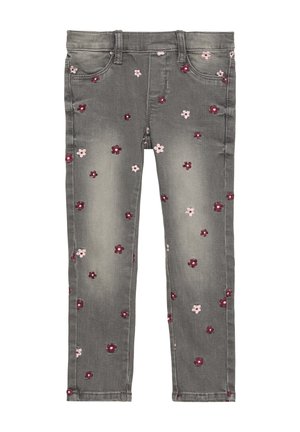 Graue Jeans aus Denim mit verwaschenen Bereichen und kleinen pinken sowie burgunderfarbenen gestickten Blumen, die über den Stoff verteilt sind, ausgestattet mit Vordertaschen und Gürtelschlaufen.
