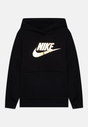 Musta huppari, jossa on kultainen heijastava Nike-logo ja -swoosh rinnassa, edessä kengurulokero ja pitkät hihat.