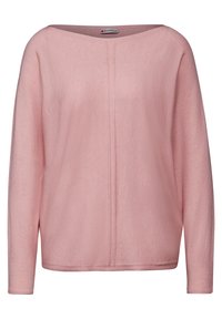 Różowy sweter z długim rękawem wykonany z miękkiego materiału. Posiada dekolt w łódkę i detal z przeszyciem na środku. Luźny fason i gładka tekstura.