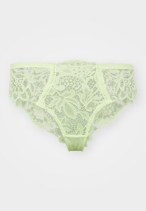 Bikini in pizzo di colore verde chiaro, con motivi floreali, bordi ondulati e una morbida fascia in satin.