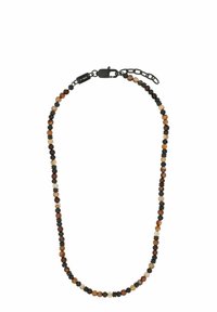 Perlenkette mit runden Perlen aus braunen, schwarzen und beigen Steinen in unterschiedlichen Texturen; beinhaltet einen schwarzen Metallverschluss und eine Kettenverlängerung.