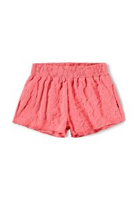 Korallfärgade shorts med texturerade mönster, elastisk midja och sidofickor; har abstrakta mönster präglade på tyget.