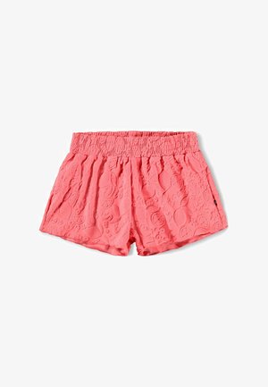 Koraalrode shorts met textuurpatronen, elastische tailleband en zijzakken; voorzien van abstracte ontwerpen die in de stof zijn gedrukt.