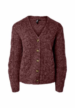 Burgundy strikket cardigan med V-hals, der har et kabelmønster og fem messingknapper foran. Lange, strukturerede ærmer.