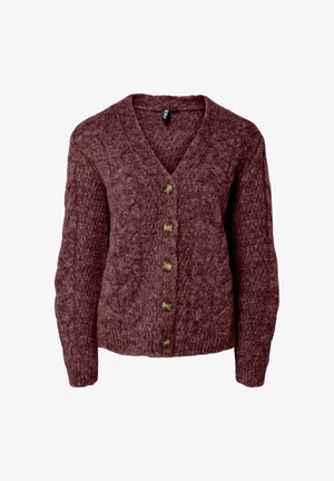 Cardigan bourgogne en maille avec décolleté en V, présentant un motif en câble et cinq boutons en laiton sur le devant. Manches longues texturées.