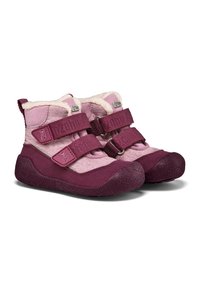 Stivali per bambini rosa e viola con fodera in pelliccia sintetica, due strappi regolabili, suola in gomma testurizzata e dettagli cuciti.