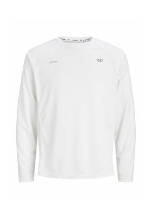 T-shirt blanc uni à manches longues avec col rond, petit logo sur la poitrine gauche et détail de texte sur la poitrine droite, fabriqué en tissu lisse.