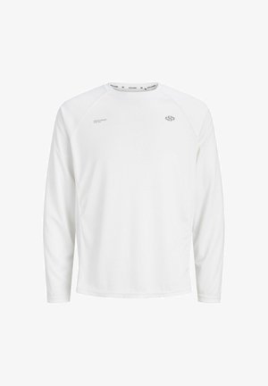 T-shirt blanc uni à manches longues avec col rond, petit logo sur la poitrine gauche et détail de texte sur la poitrine droite, fabriqué en tissu lisse.
