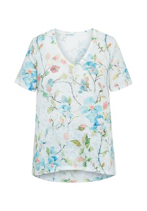Bílé tričko s krátkým rukávem a výstřihem do V s pastelovými modrými, růžovými a zelenými květinovými motivy a malými kamínky vpředu.