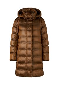 Brauner gesteppter langer Steppmantel mit hohem Kragen, Kapuze, Druckknöpfen vorne und Seitentaschen, entworfen für kaltes Wetter.