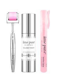 Kollagenbehandling rulle i sølv med et rosa teksturert hode, sølv rejuvenator gel-flaske, og rosa desinfiseringssprit penn med klipp.