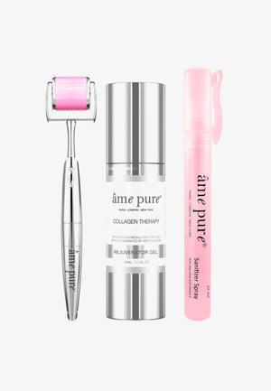 Kollagenbehandling rulle i sølv med et rosa teksturert hode, sølv rejuvenator gel-flaske, og rosa desinfiseringssprit penn med klipp.