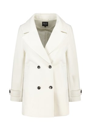 Manteau femme blanc à double boutonnage avec larges revers, boutons noirs, poches latérales et poignets à boutons sur un fond uni.
