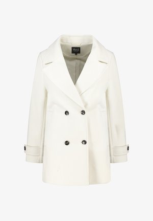 Witte dubbele vrouwenjas met brede revers, zwarte knopen, zijzakken en met knopen afgesloten manchetten op een effen achtergrond.