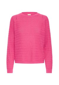 Pull en maille rose avec un motif texturé, col rond et manches longues. Présente des poignets et un ourlet côtelés pour un look ajusté.