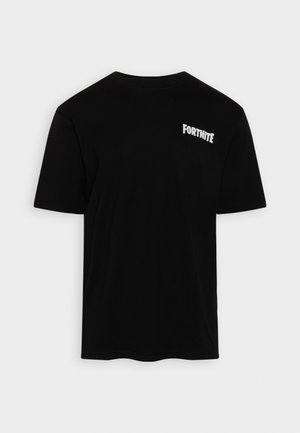 Black short-sleeve T-shirt with small white "FORTNITE" logo on upper left chest on plain white background.