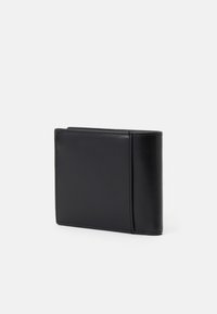 Black leather wallet with a folding design, featuring neat stitching and a smooth texture. Compact shape with a simple, modern look.