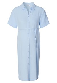 Abito blu chiaro con bottoni, maniche corte, cintura in vita, tasca e tessuto texturizzato. Design fino al ginocchio con una vestibilità comoda.