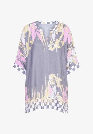 Lässige Kurzarmbluse mit grauem Grundton, pinken und gelben Blumenmustern, rundem Ausschnitt und Schachbrettmuster am Ärmel- und Saumabschluss.