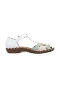 Sandale à lanières avec un schéma de couleurs blanc et menthe. Fabriquée en matériau synthétique, avec un bout fermé, un petit wedge et des détails de couture sur les côtés.