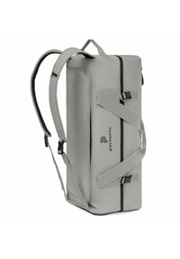 Sac à dos étanche gris avec des bretelles ajustables, une poignée supérieure, une boucle avant, une texture lisse et un détail de logo sur le côté.