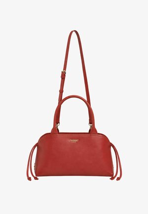 Červená kožená kabelka s dvoma rukoväťami, nastaviteľným ramenným popruhom, bočnými sťahovacími šnúrkami a zlatým logom "TWINSET" na prednej strane.