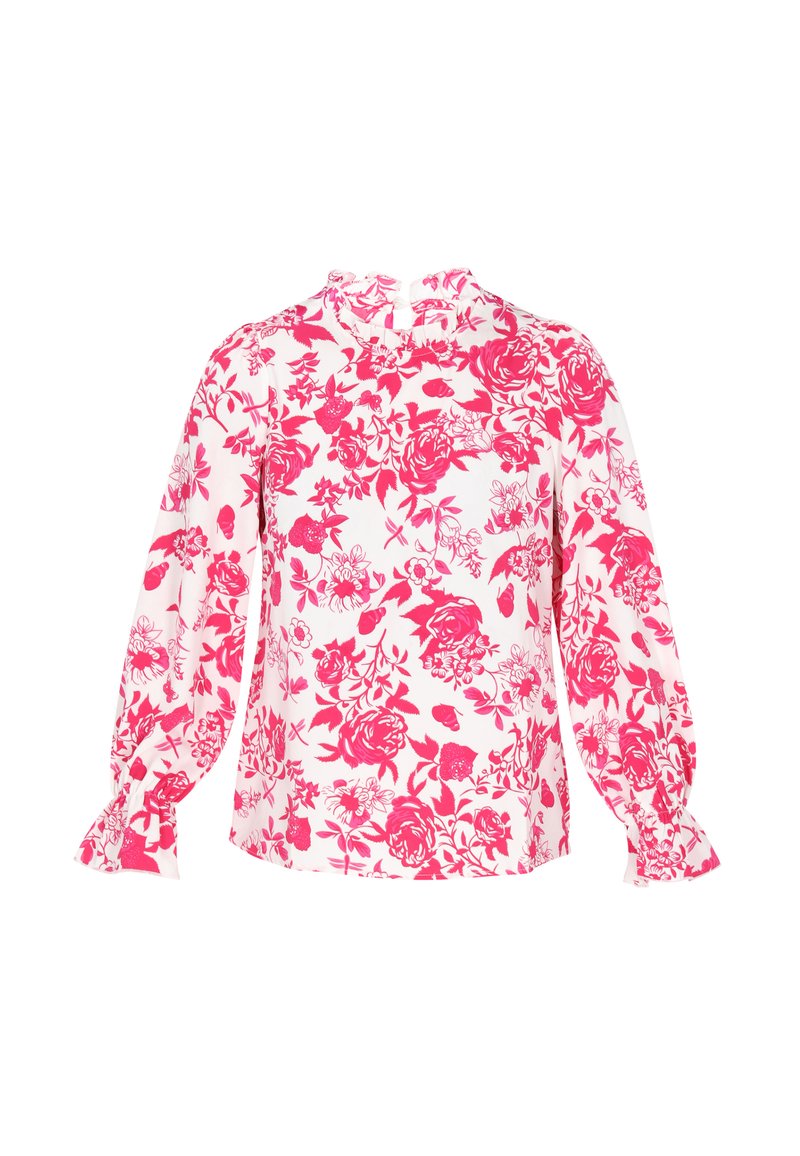 Pitkähihainen paita valkoisesta kankaasta, jossa on vaaleanpunainen kukkakuosi. Siinä on korkea kaula-aukko ja röyhelöhiat. Kevyt ja rento muotoilu.