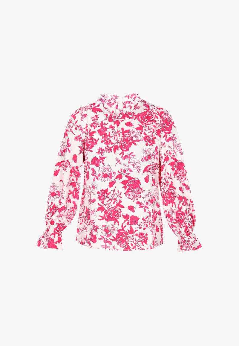 Blusa a maniche lunghe in tessuto bianco con motivo floreale rosa. Presenta un collo alto e polsini arricciati. Design leggero e casual.