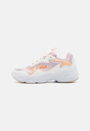 Sport shoes featuring a mix of white, light pink, and orange mesh and synthetic materials, with a chunky white sole and textured accents.