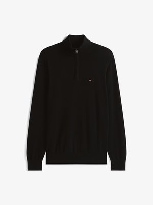 Black zippered sweater made of knit fabric with a high collar. Features long sleeves and a small logo emblem on the left chest.