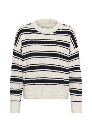 Dryžuotas megztinis kremine ir tamsiai mėlyna spalvomis, su apvalia iškirpte, ilgomis rankovėmis, ribinėta apačia ir rankogaliais, vidutinio storio mezgimo tekstūra.