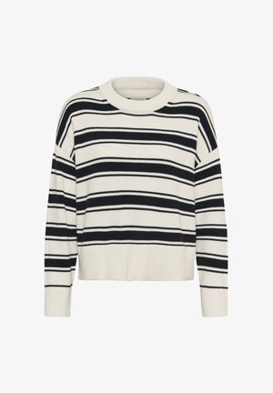Prugasti džemper u boji kreme i mornarsko plave, s okruglim izrezom, dugim rukavima, rebrastim rubom i manšetama te srednje teškom pletenom teksturom.