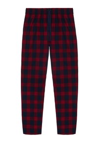 Pidżamowe spodnie w kratę z czerwonym i granatowym wzorem, elastyczny pas ze sznurkiem oraz zwężające się nogawki. Miękka tekstura materiału.