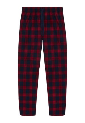 Pidżamowe spodnie w kratę z czerwonym i granatowym wzorem, elastyczny pas ze sznurkiem oraz zwężające się nogawki. Miękka tekstura materiału.