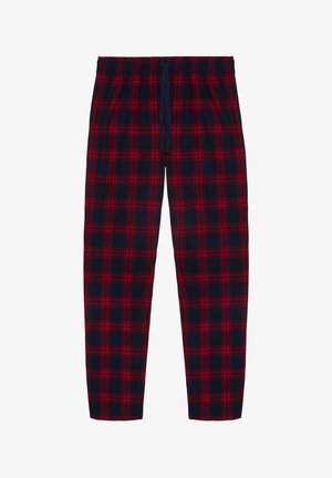 Pidżamowe spodnie w kratę z czerwonym i granatowym wzorem, elastyczny pas ze sznurkiem oraz zwężające się nogawki. Miękka tekstura materiału.