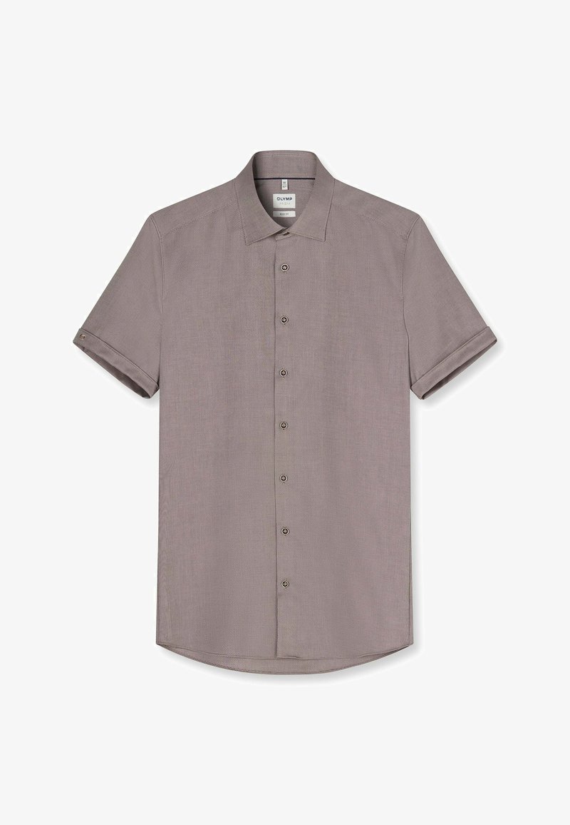 Camicia da uomo a maniche corte con bottoni, in malva tenue, con colletto classico e polsini arrotolati, distesa su uno sfondo bianco.