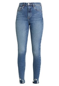 Modré džíny s vysokým pasem úzkého střihu z denimu, s vybledlým efektem a opranými detaily na lemu u kotníku.