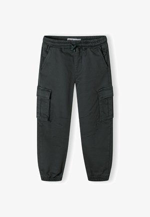 Pantaloni cargo neri in tessuto, con vita elastica e coulisse, tasche laterali e due tasche cargo su ogni gamba.