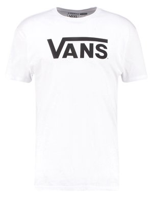White cotton t-shirt featuring a large black "VANS" logo across the chest. Classic crew neck design with short sleeves and a straight hem.