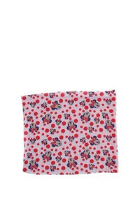 Sciarpa in cotone multi-pattern con pois rossi e illustrazioni di Minnie Mouse in colori pastello con accenti blu e rossi.
