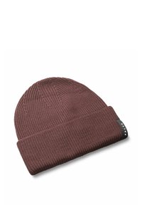 Berretto lavorato a maglia di un profondo color bordeaux, con un orlo ripiegato e una sottile texture a coste. Etichetta nera del marchio visibile sul lato.
